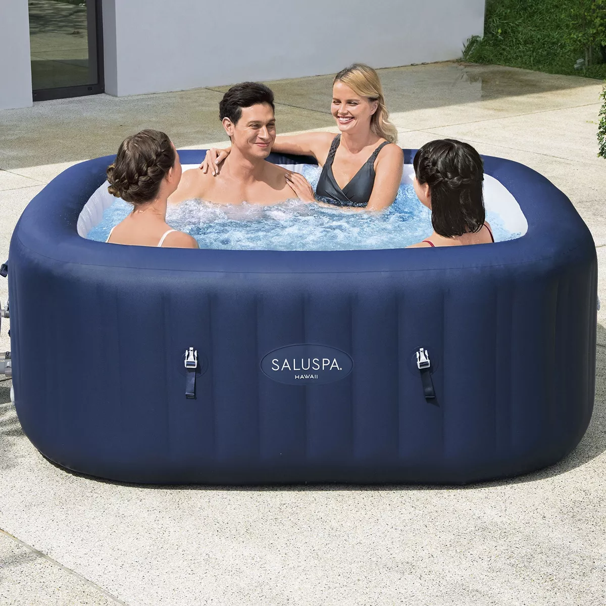 Bestway SaluSpa Hawaii AirJet 4 to 6 Person Inflatable Hot Tub Square Portable Outdoor Spa with 140 AirJets and EnergySense Energy Saving Cover, Blue
