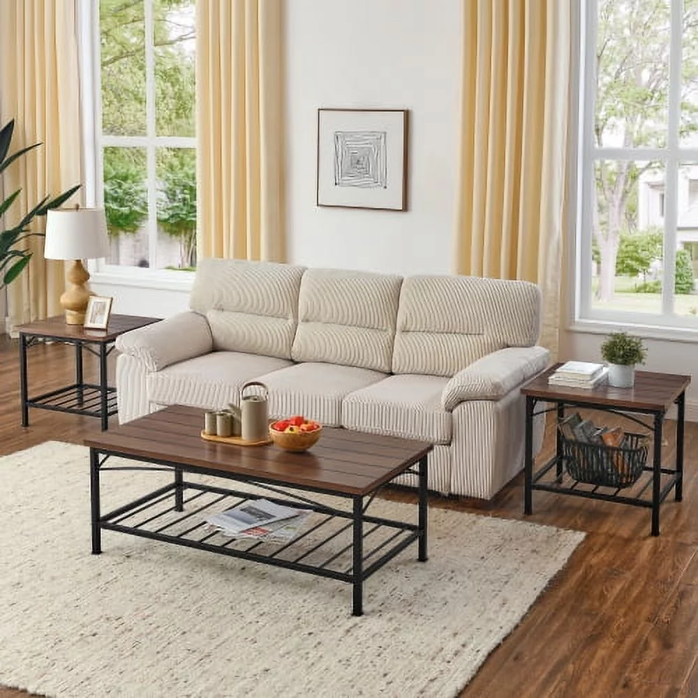 Coffee Table Set of 3, Cocktail Table with Open Storage Shelf for Home Office, Rustic Brown
