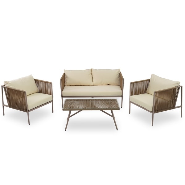 4Piece Rope Sofa Set with Thick CushionsandToughened Glass Table,Beige