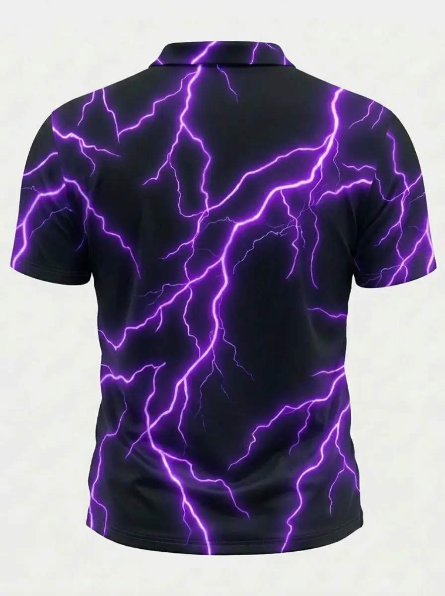 Moisture Wicking Golf Polo 3D Black Purple Lightning Pattern Button Short Sleeve Golf Polo Shirt