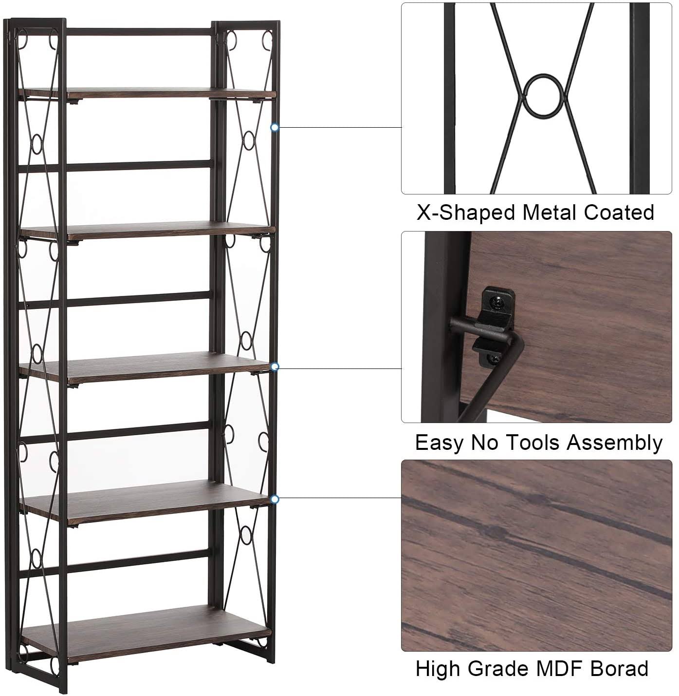5 Tier Bookshelf Set of 2 Industrial Folding Bookcase with Metal Fram