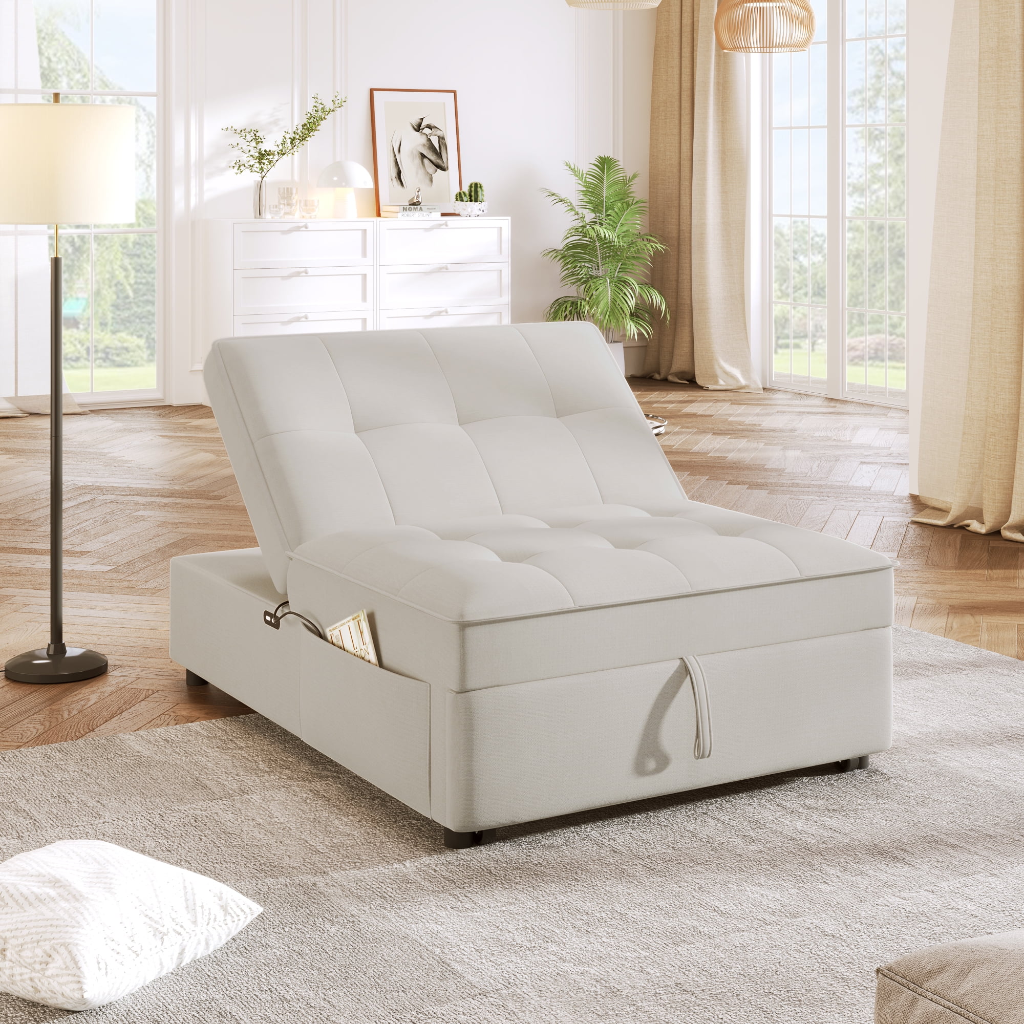 4-in-1 Sofa Bed, Chair Bed, Multi-Function Folding Ottoman Bed with Storage Pocket and USB Port for Small Room Apartment,Living Room,Bedroom,Hallway,White