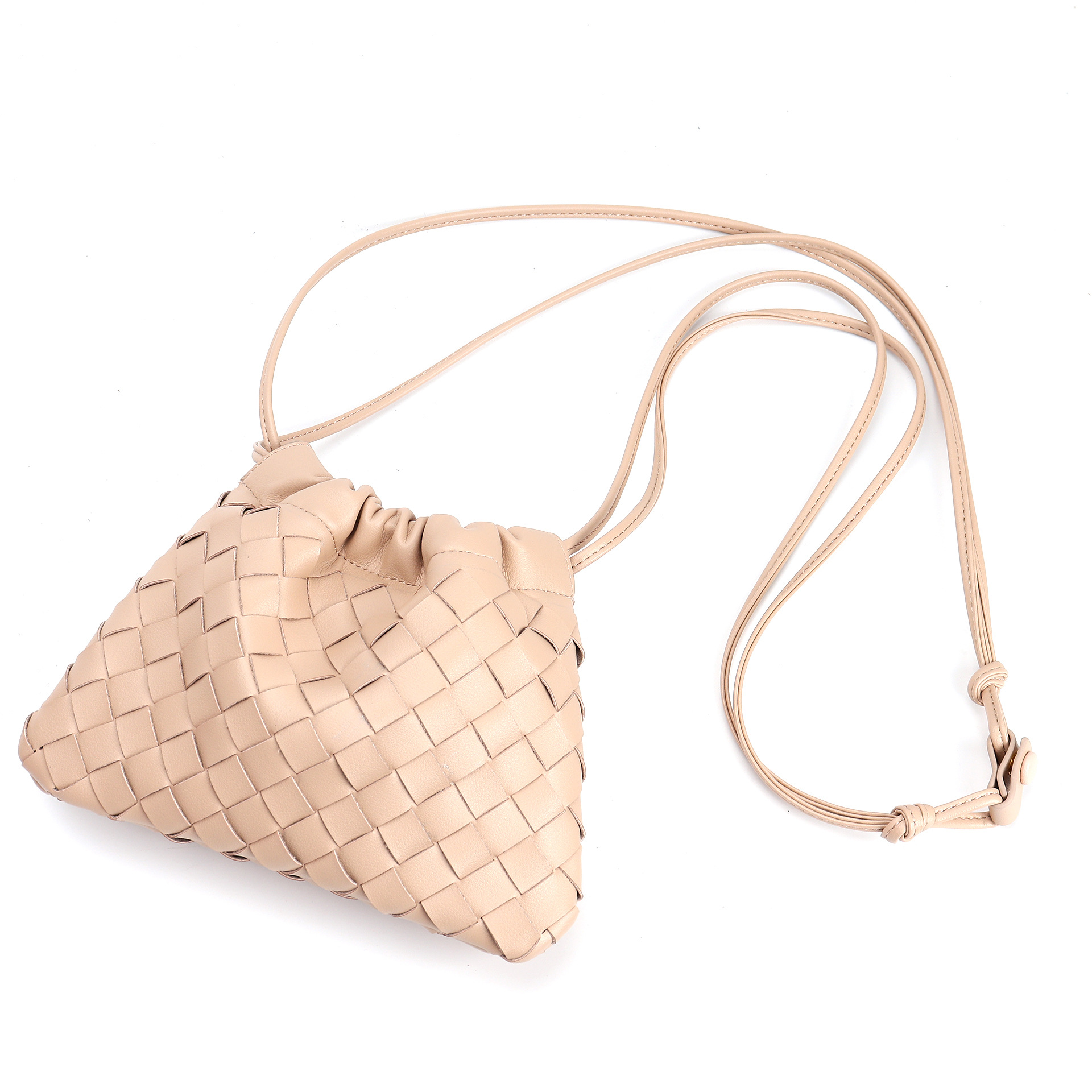 Beige Woven Leather Drawstring Crossbody Pouch