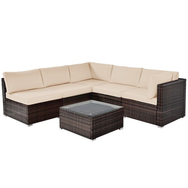 6 Pieces Patio Rattan Furniture Set with Cushions and Glass Coffee Table