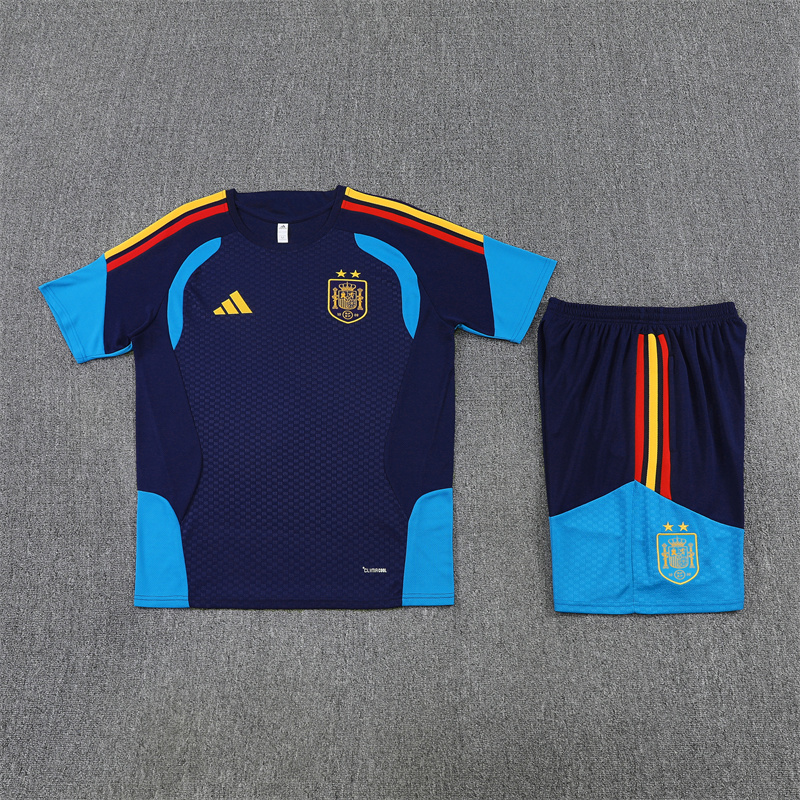 Spain Short Sleeves Training Suit Dark Blue-Two Stars