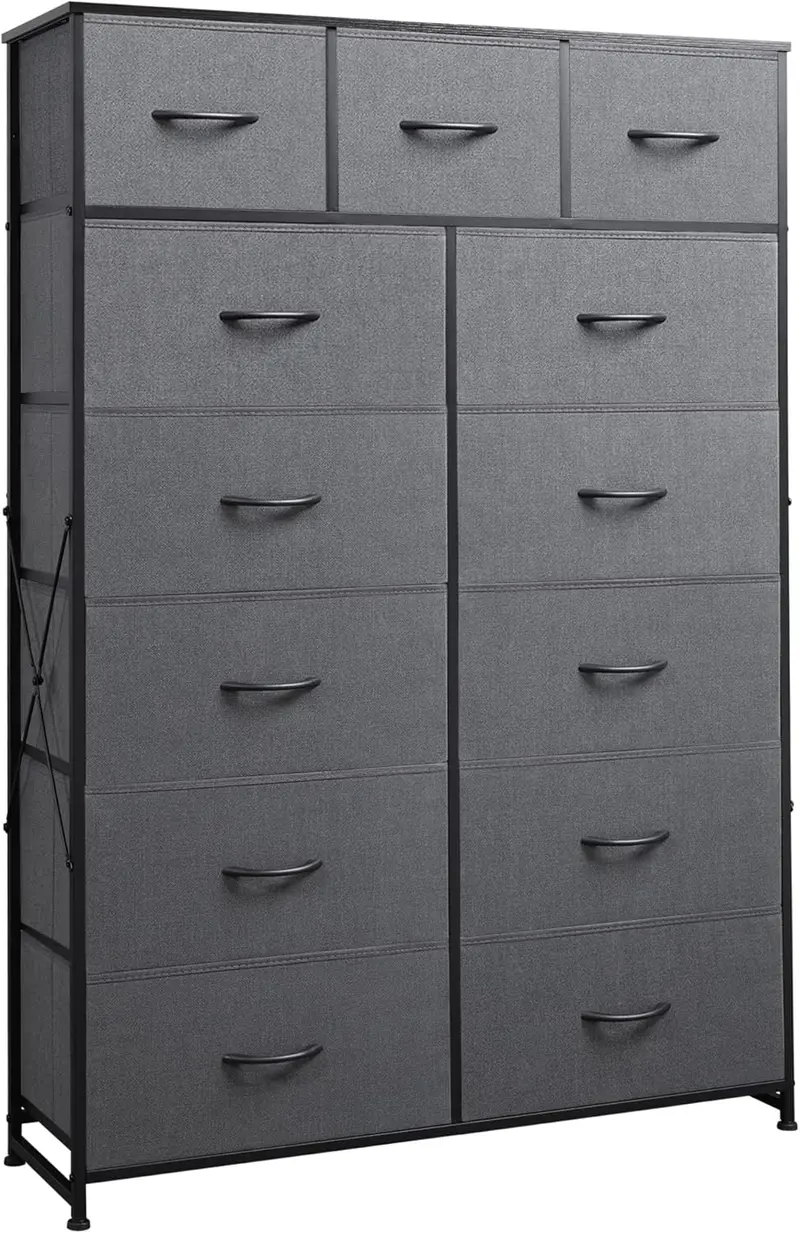 WLIVE Tall Fabric Storage Tower – 13-Bin Organizer Unit with Steel Frame, Charcoal Black, Ideal for Living Room or Office