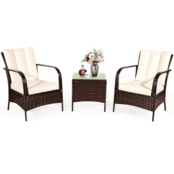 3 PCS Patio Furniture Set 2 Rattan Chairs and Glass Top Coffee Table