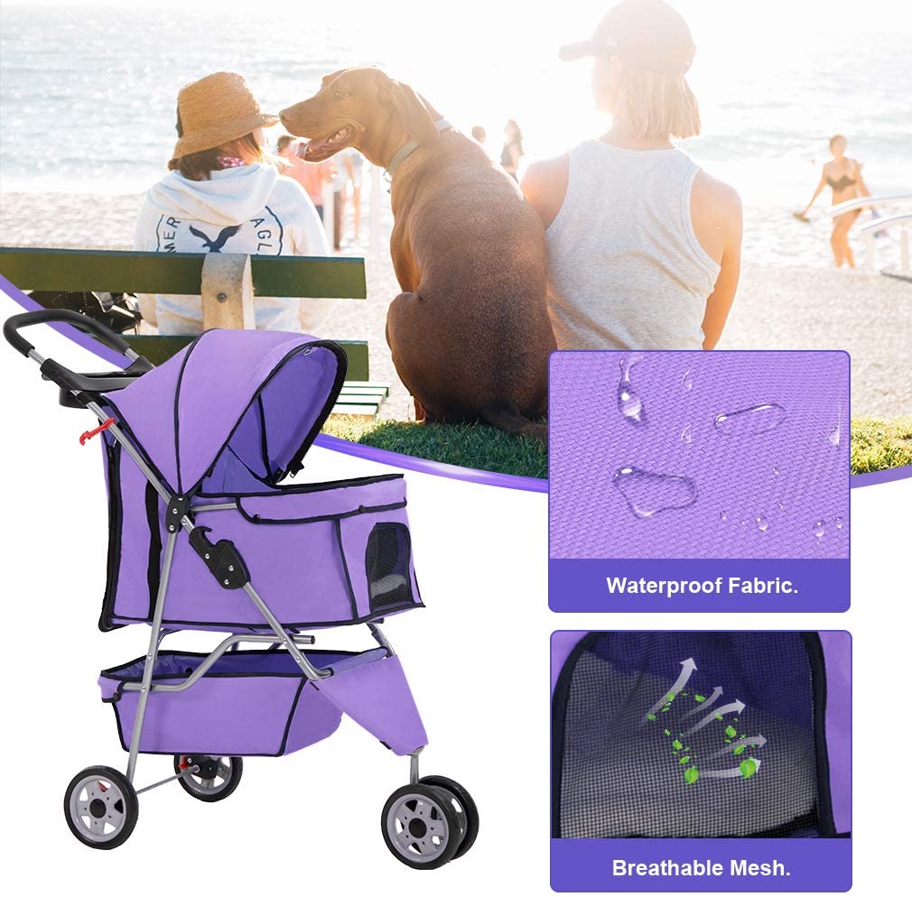 BestPet 3 Wheel Collapsible Pet Stroller,Purple