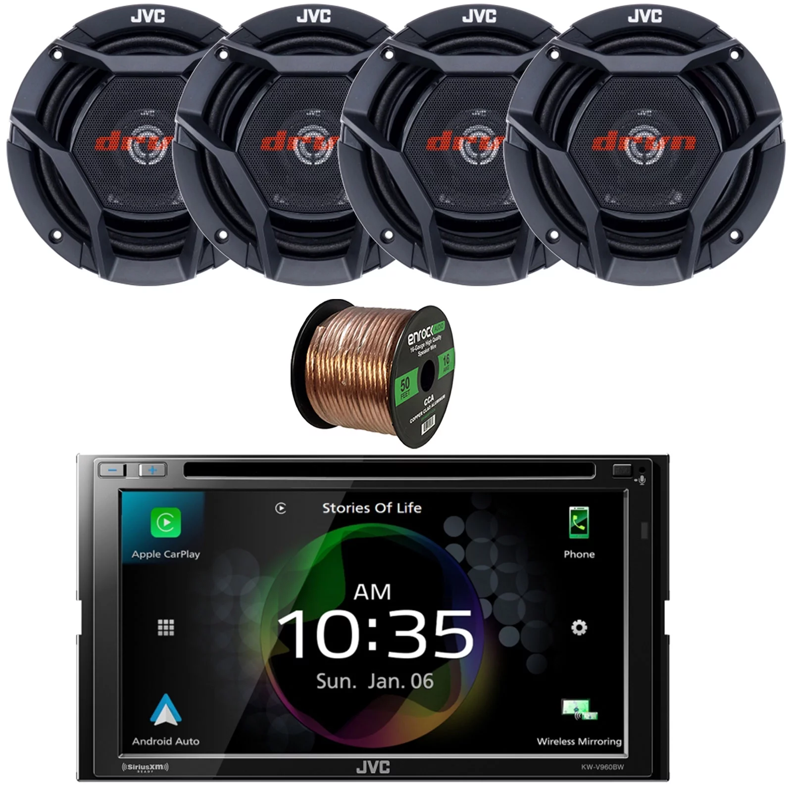 JVC KW-V960BW Double DIN AM/FM Radio Dual USB Bluetooth CD/DVD Player Car Receiver Bundle Combo with 4x 6.75