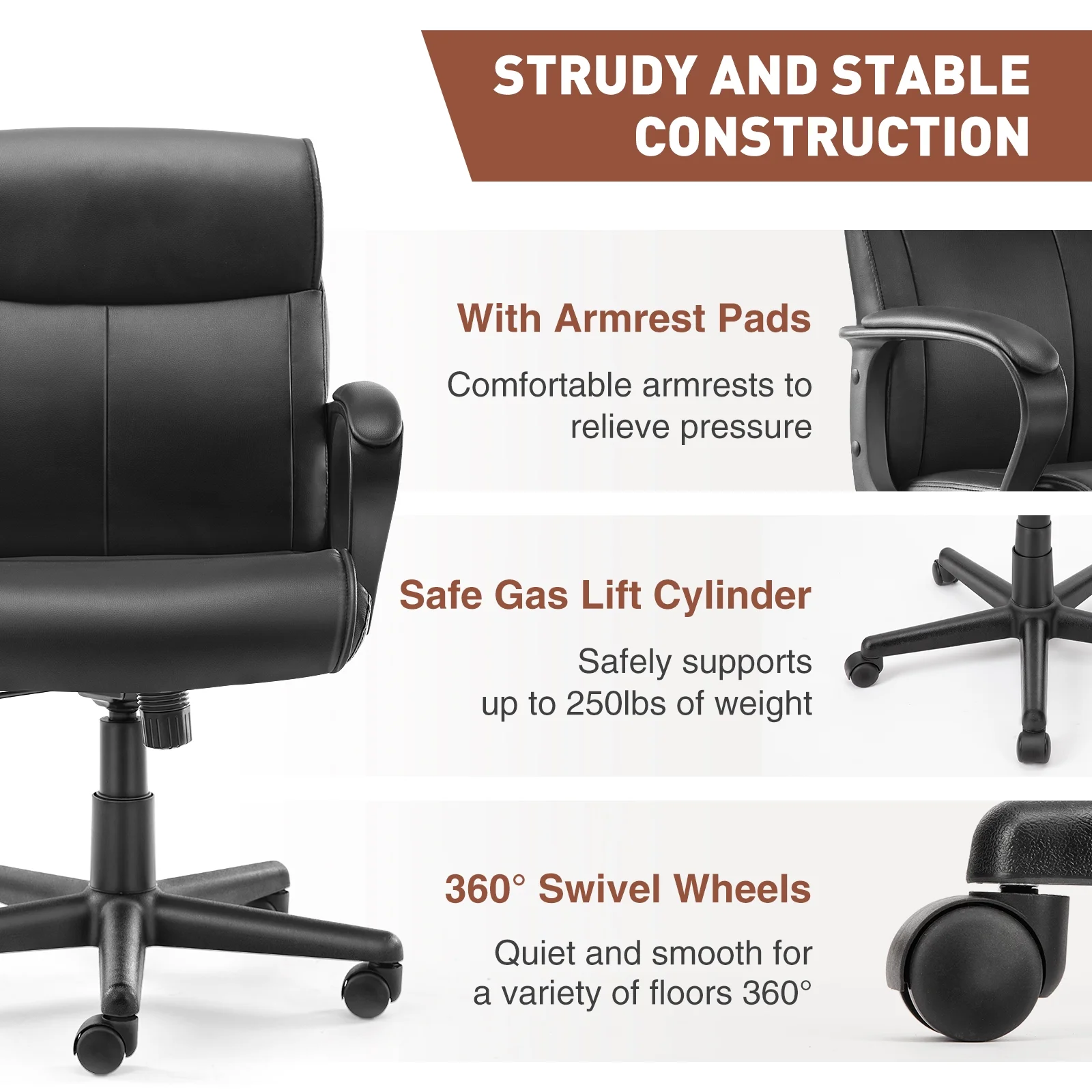 FOAUUH Mid Back Office Desk Chair with Padded Armrests PU Leather Home Office Chair