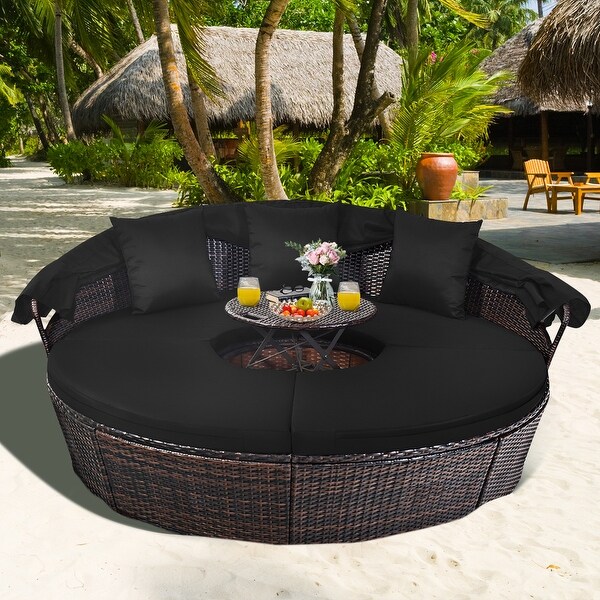 Costway Patio Rattan Daybed Cushioned Sofa Adjustable Table Top Canopy