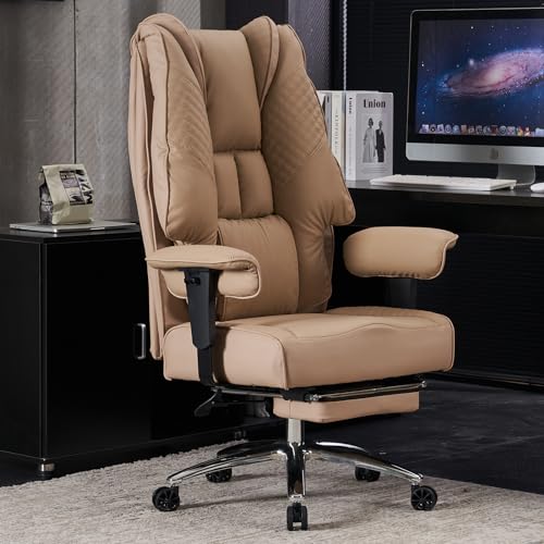 Big and Tall Office Chair 400lbs Wide Seat, Leather High Back Executive Office Chair with Foot Rest, Ergonomic Chairs Lumbar Support for Lower Back Pain Relief (Light Grey)