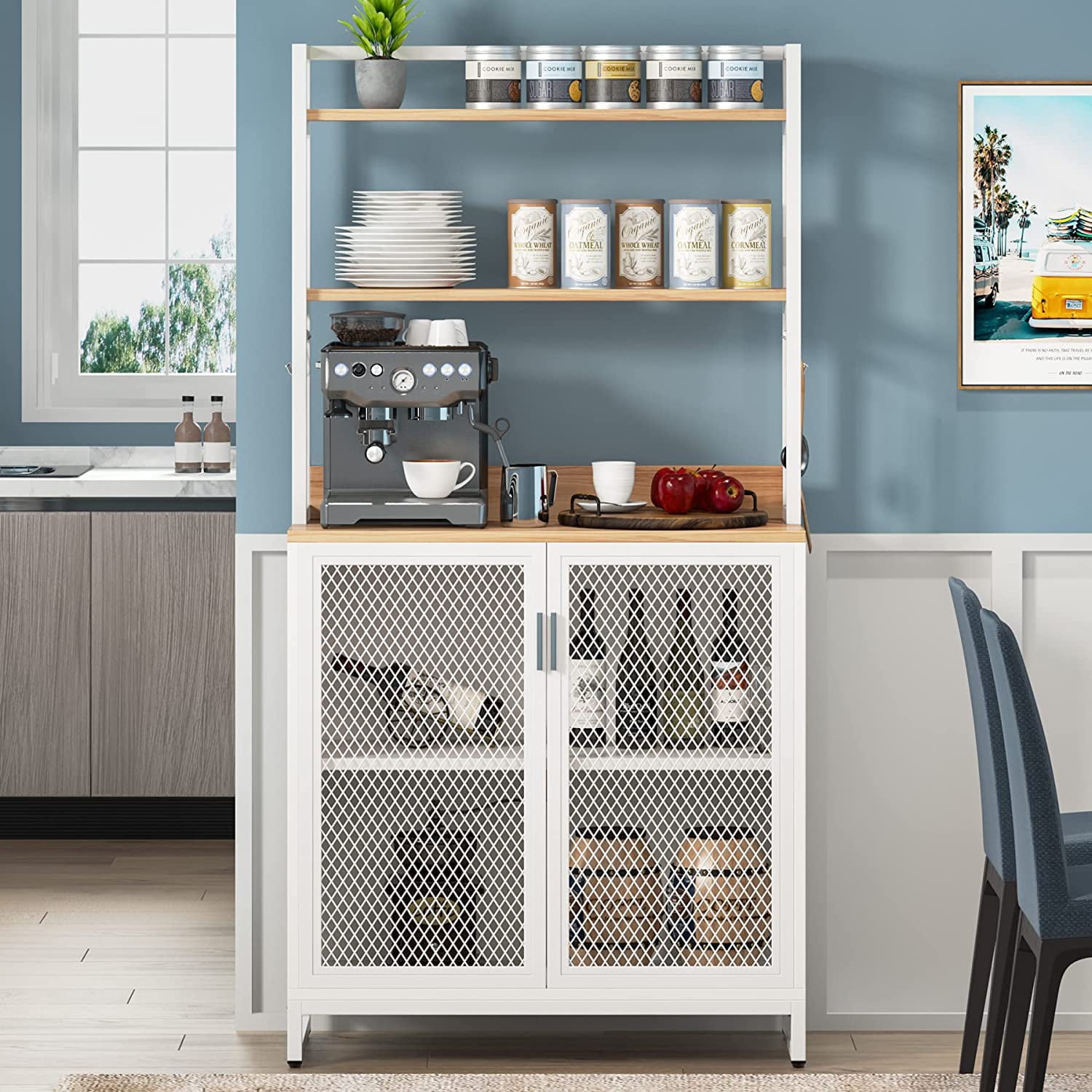 5 Tier Kitchen Bakers Rack with Hutch, Cabinet and 8 Hooks