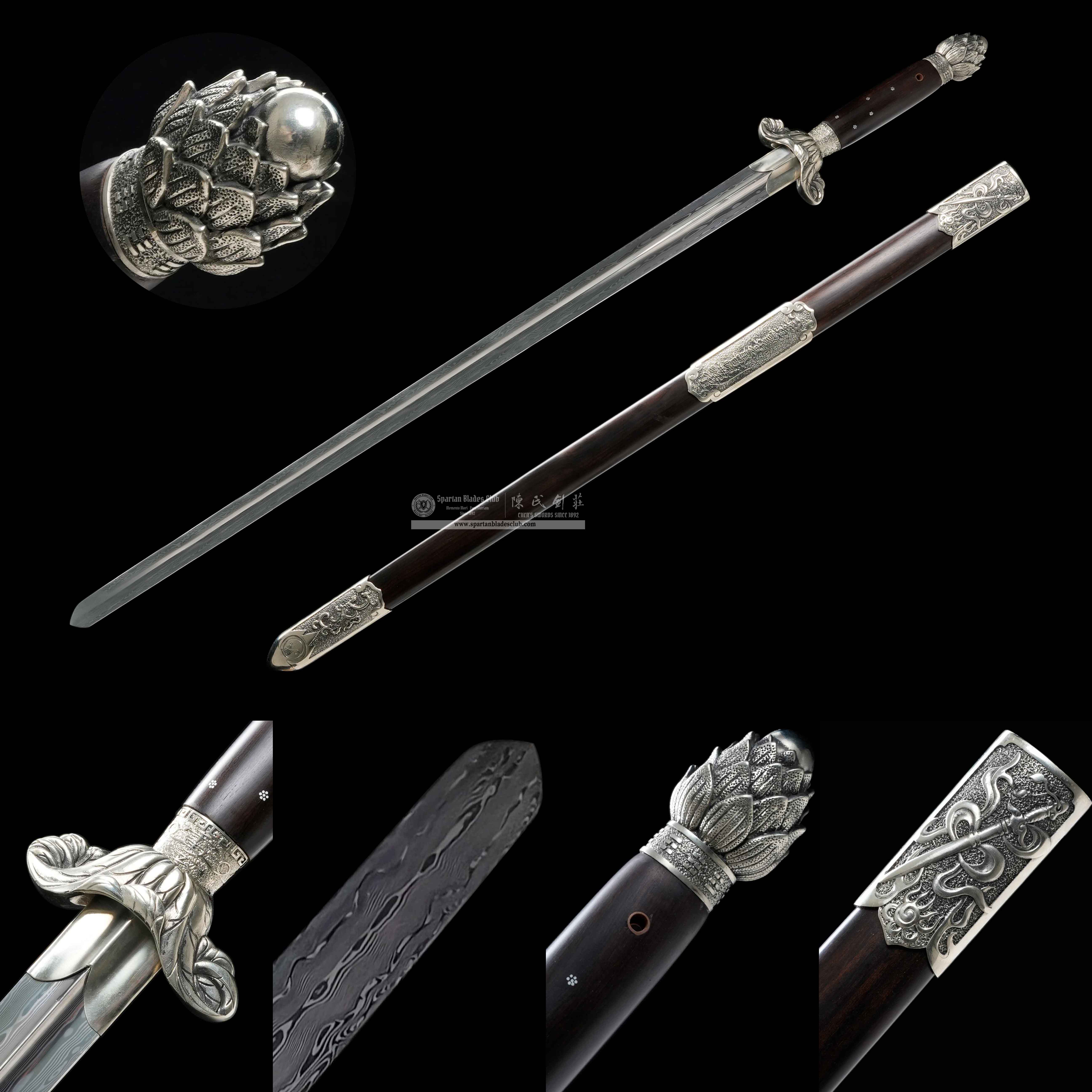 XA01 | Lianhua Jian | Chinese weapons | Damascus steel | Black&Silver | Flower (lotus) | Battle-Ready | Full-tang | Spartan Blades Club | CHEN