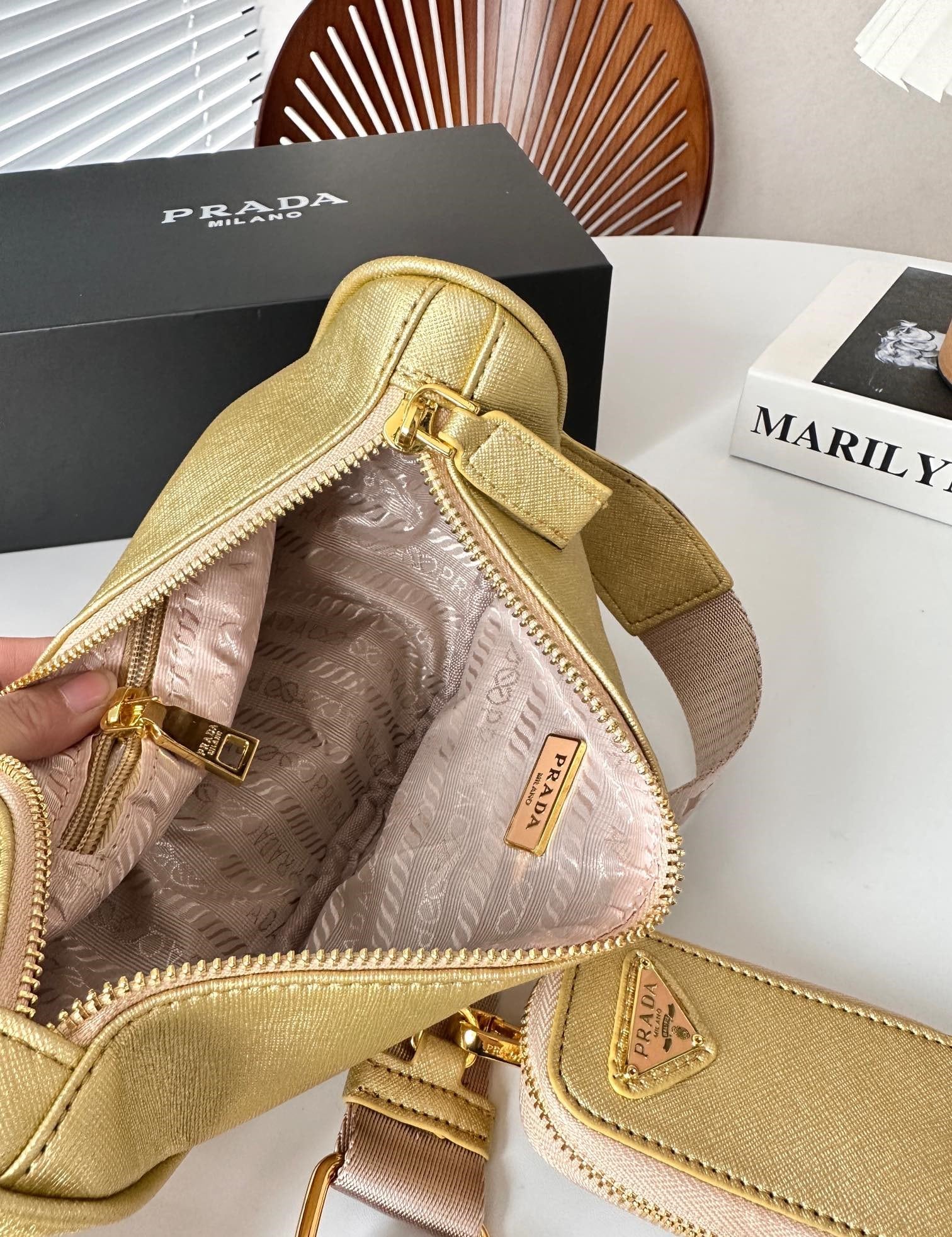 Prada Triangle Saffiano Leather Shoulder Bag Gold 28Cm