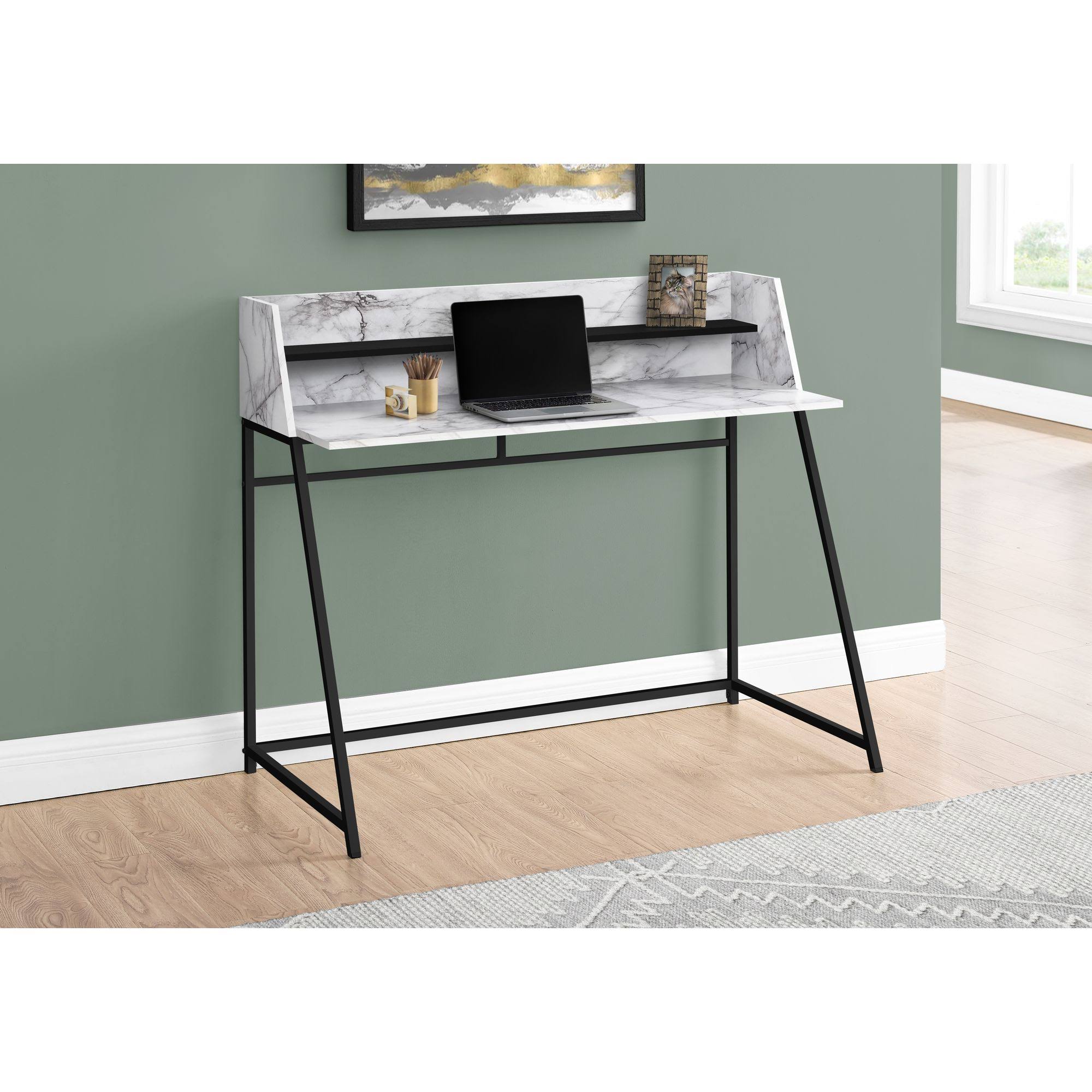 Monarch Computer Desk - 48x22L / White Marble-Look / Black Metal