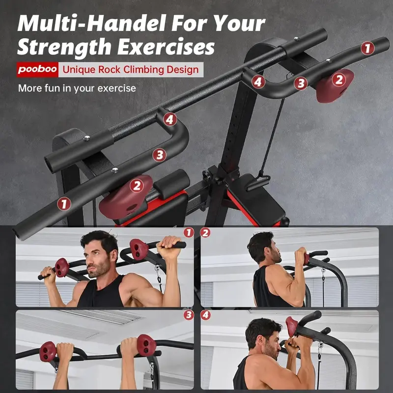 Pooboo Adjustable Power Tower – Dip Station, Pull-Up Bar & Decline Bench in One