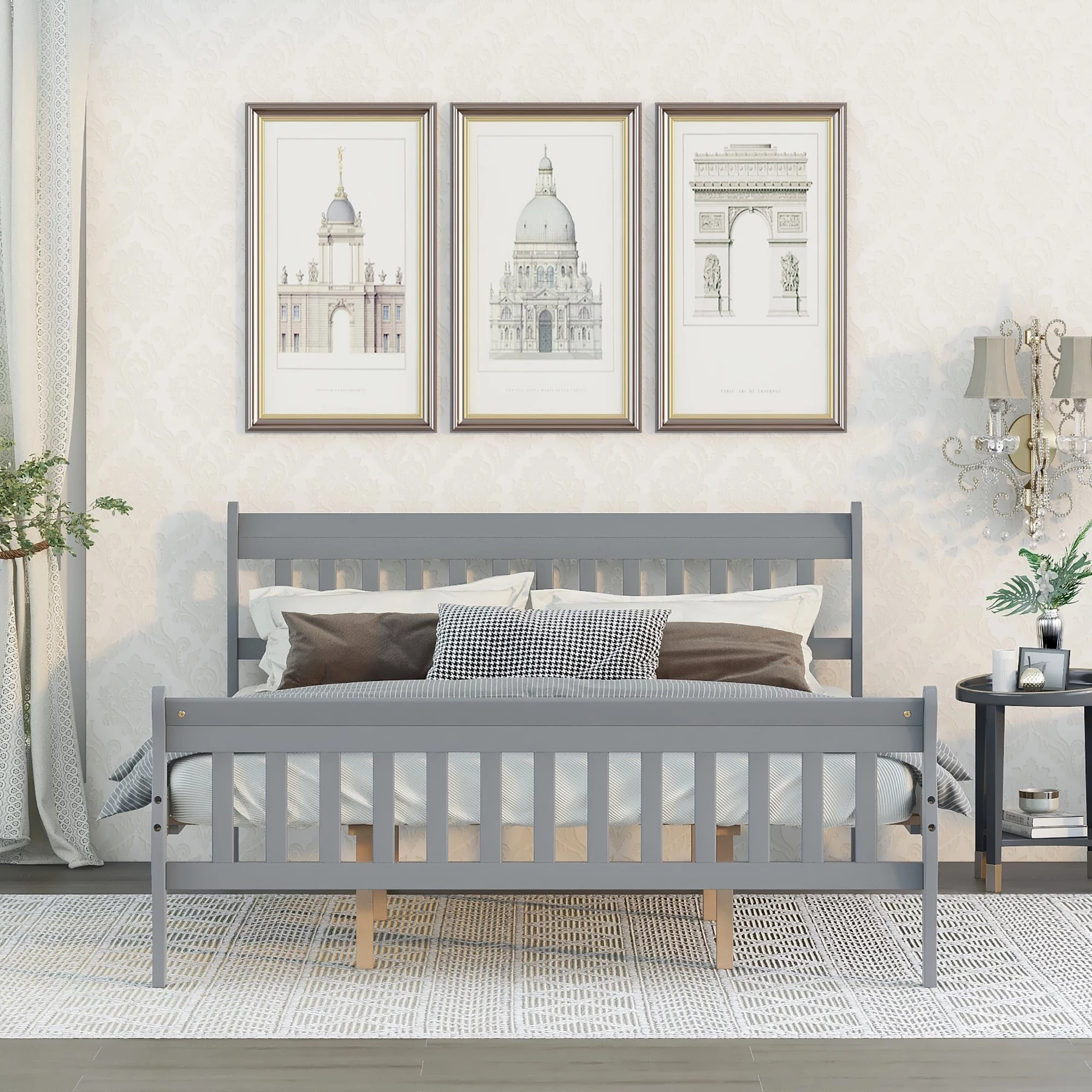 Queen Size Wood Platform Bed Frame with Headboard, Footboard and Strong Wooden Slats, No Box Spring Needed, Easy Assembly, Gray