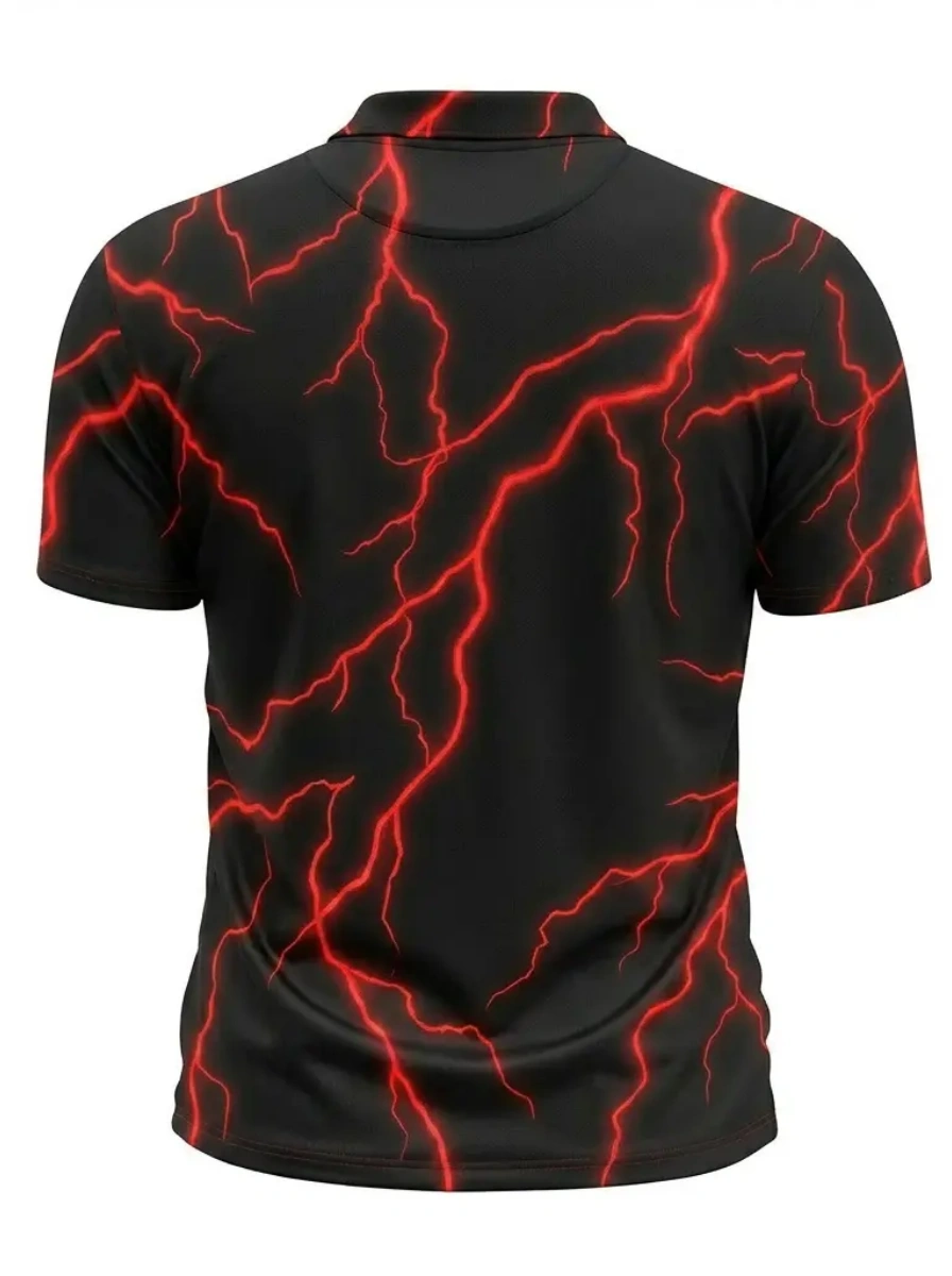 Moisture Wicking Golf Polo 3D Black Red Lightning Print Button Short Sleeve Golf Polo Shirt