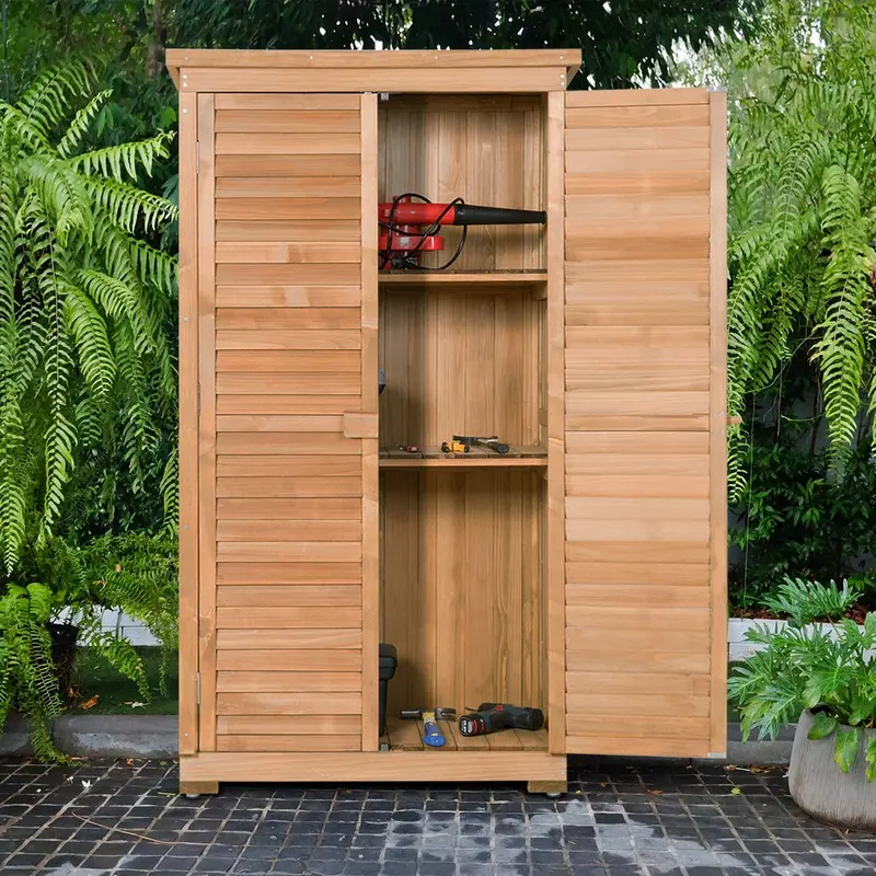 Wooden Outdoor Storage Shed – Rustic Fir Wood Garden Locker with Lockable Shutter Design