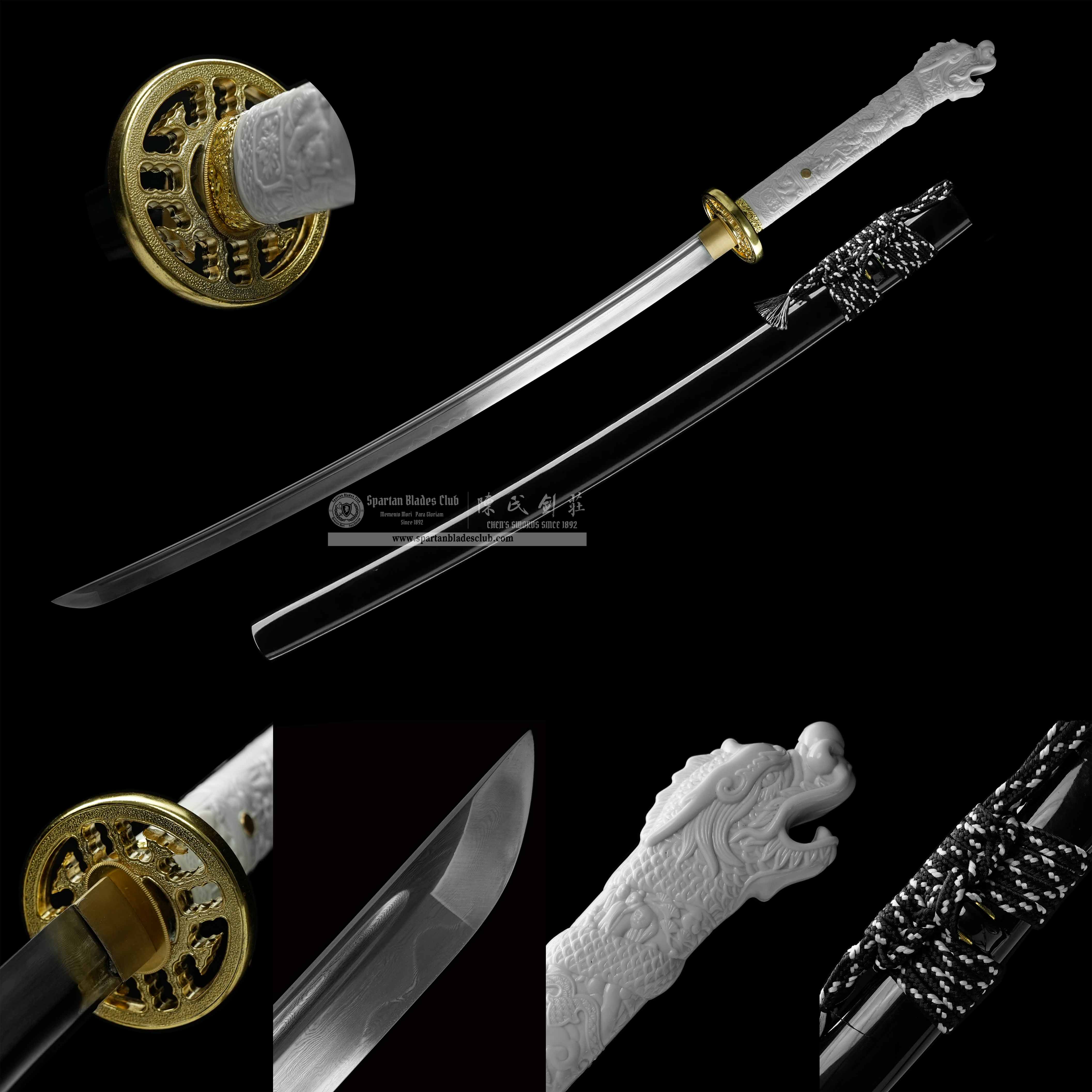 HY203 | Dragonhead Katana Gen 2 | Highlander Movie Replica Katana | Damascus Steel Clay-tempered Real Hamon | Loong (Chinese Dragon) | Battle-Ready | White&Black | Full-tang | Spartan Blades Club (陳氏劍莊 CHEN'S SWORDS 1892) - Spartan Blades Club - 陳氏劍莊1892