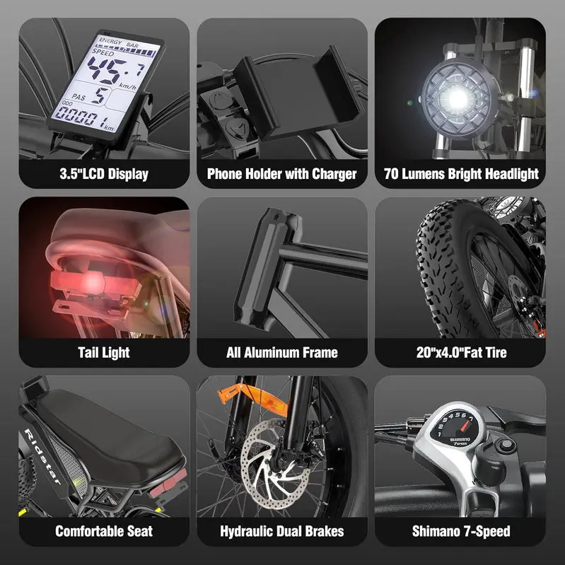 Q20 2000W Heavy-Duty Electric Fat-Tire Bike – 20″ Tires, 37MPH Top Speed, All-Terrain Commuter Ebike