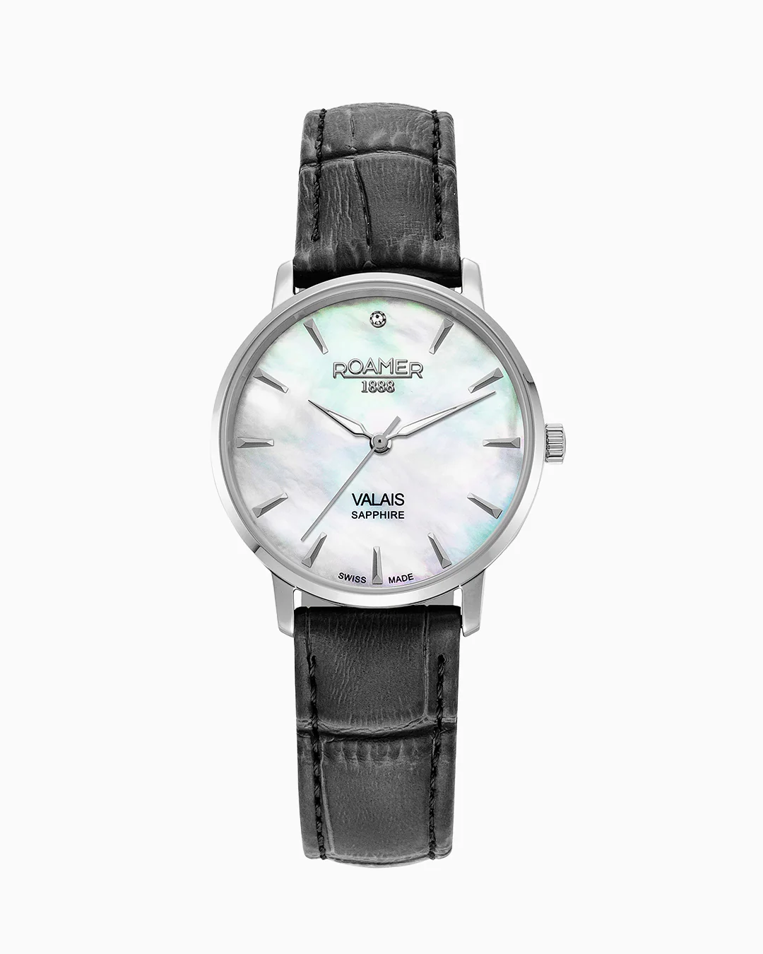 Valais Ladies Interchangeable Box Set 32mm Quartz Three-Hand Date White MOP Dial Black Leather Strap and Stainless Steel Milanaise Bracelet Sapphire glass Stainless Steel swiss watch