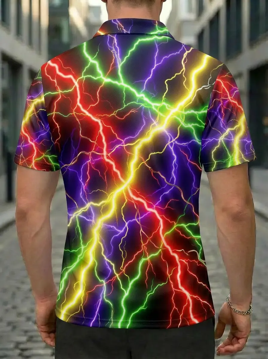Moisture Wicking Golf Polo 3D Multicolor Rainbow Lightning Button Short Sleeve Golf Polo Shirt