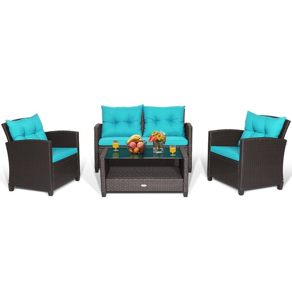 Costway 4 PCS Patio Rattan Furniture Set Glass Table Shelf Sofa