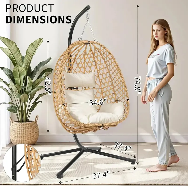 Wicker Hanging Egg Chair with Stand – Outdoor or Indoor Swing Hammock Seat, 350 lb Capacity
