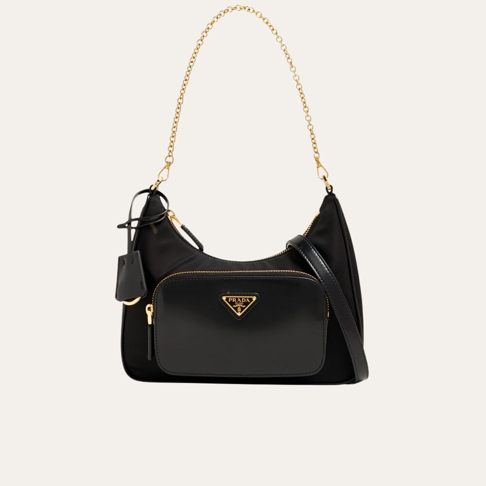 Prada Leather Pocket Re Nylon Shoulder Bag Black 8.7 Inches