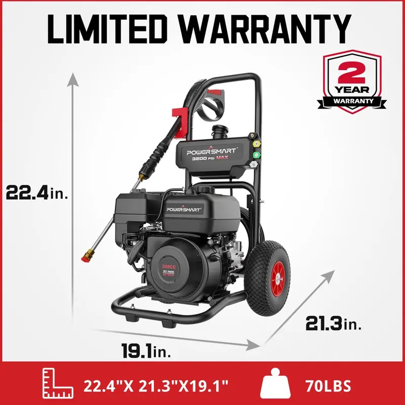 PowerSmart 3200 PSI Gas-Powered Pressure Washer – CARB-Compliant, 208cc Engine & 5-Tool Nozzle Set