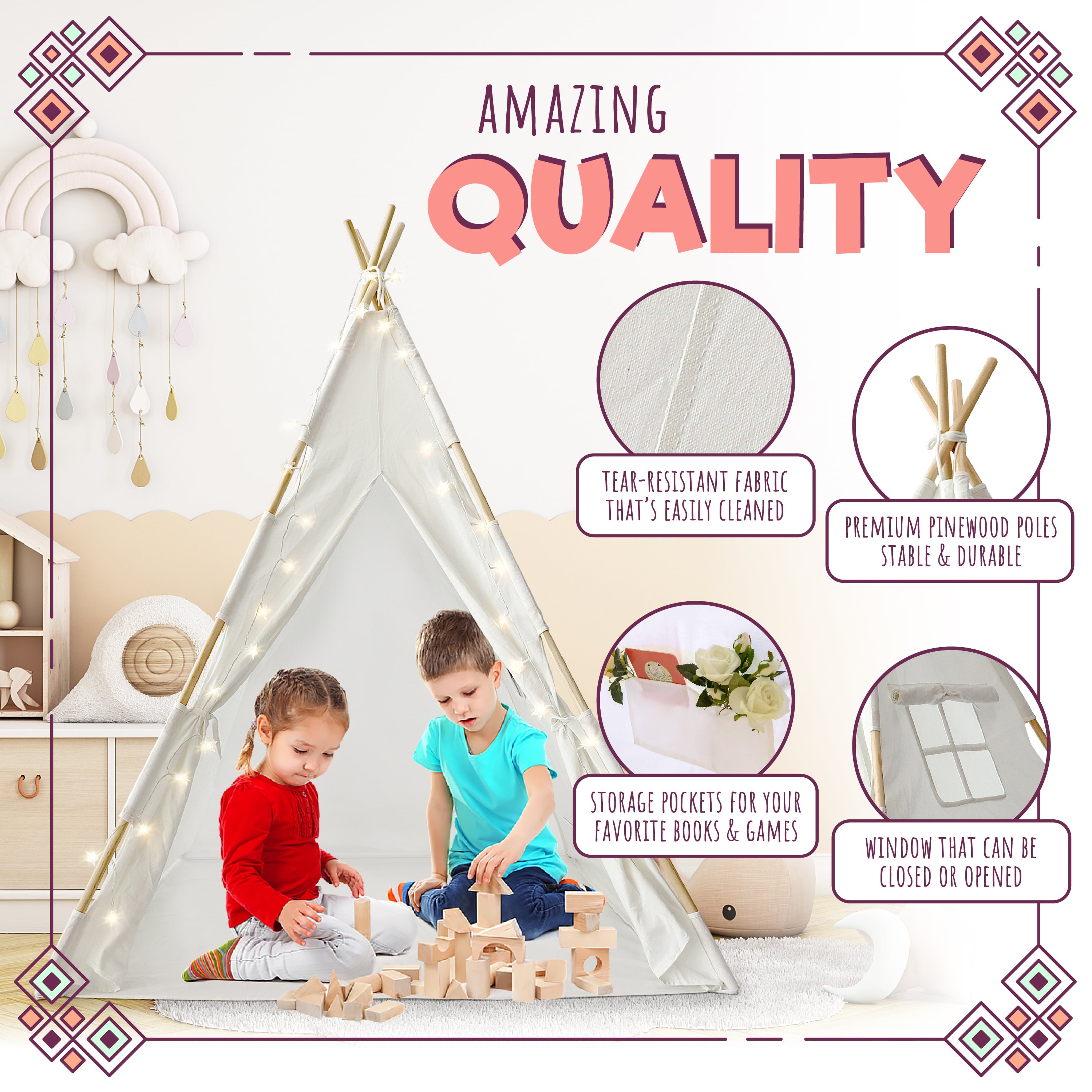 Orian Kids Teepee Tent Playhouse With LED Lights Fairytale Teepee