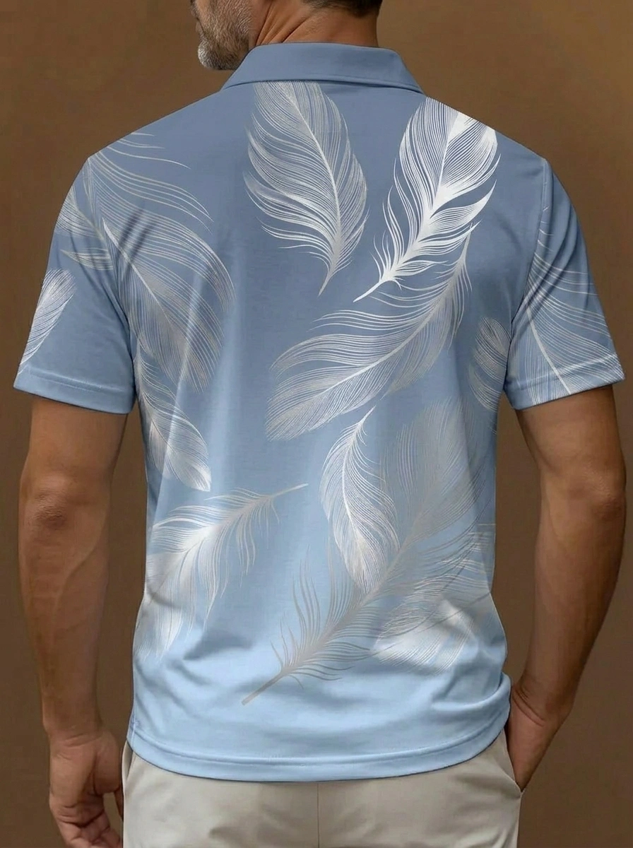 Light Blue White Feather Print Short Sleeve Golf Polo Shirt