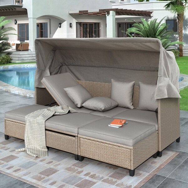 UVProof 4Piece Resin Wicker Patio Sofa Set Daybed Sunbed with Retractable Canopy and Adjustable Table