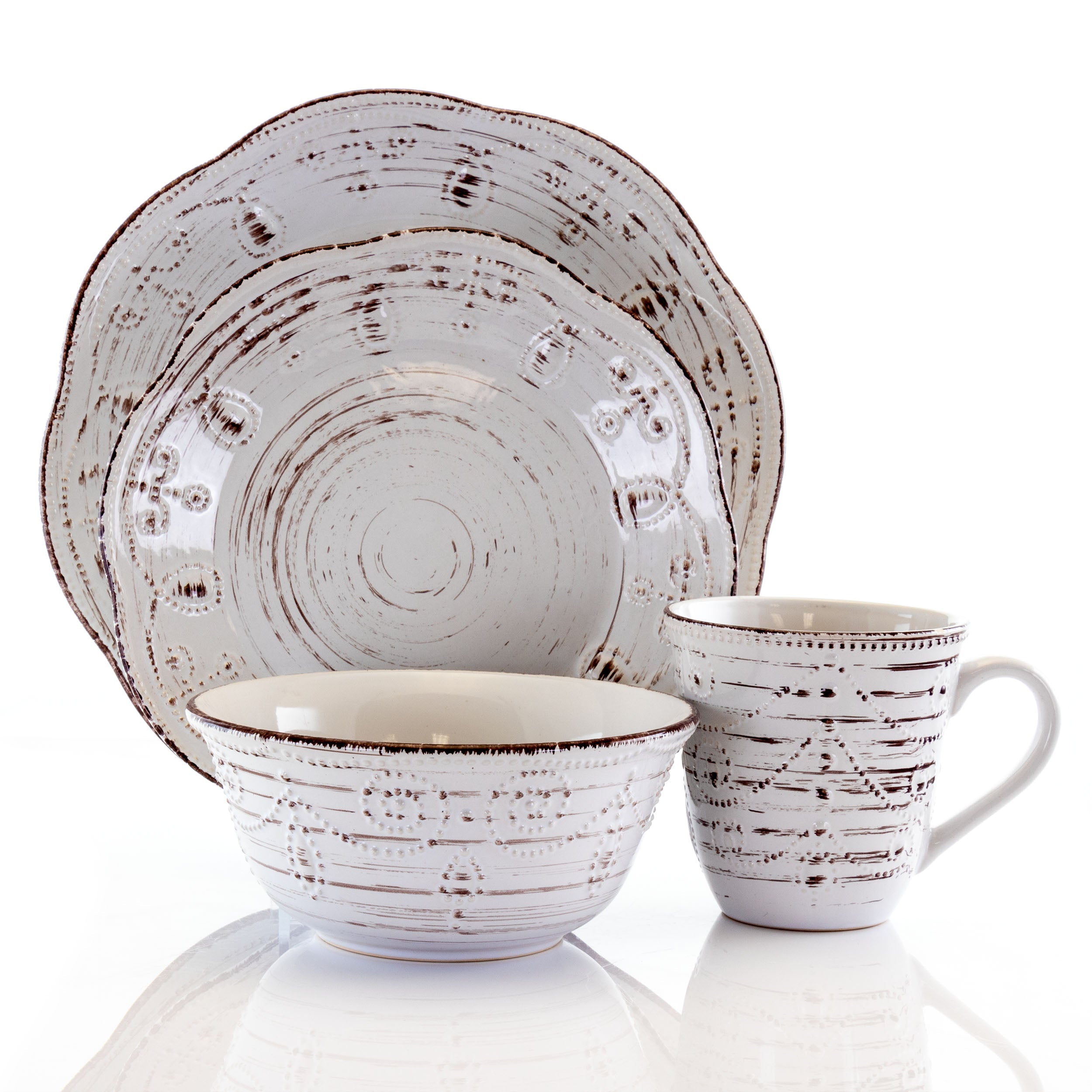 Elama Rustic Birch 16 Piece Stoneware Round Dinnerware Set