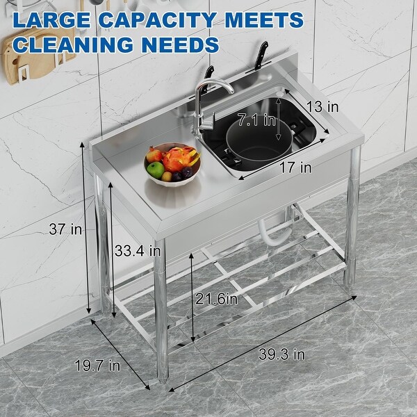 Free Standing Kitchen Sink 39''x20''x37'' Stainless Steel,With 360��Rotating Faucet