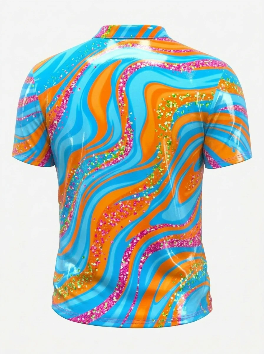 Moisture Wicking Golf Polo 3D Blue Orange Wave Glitter Button Short Sleeve Golf Polo Shirt