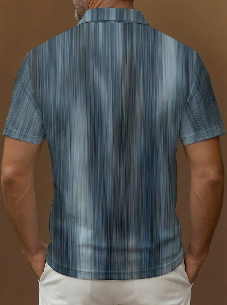 Light Blue Vertical Motion Blur Stripe Pattern Button Short Sleeve Golf Polo Shirt