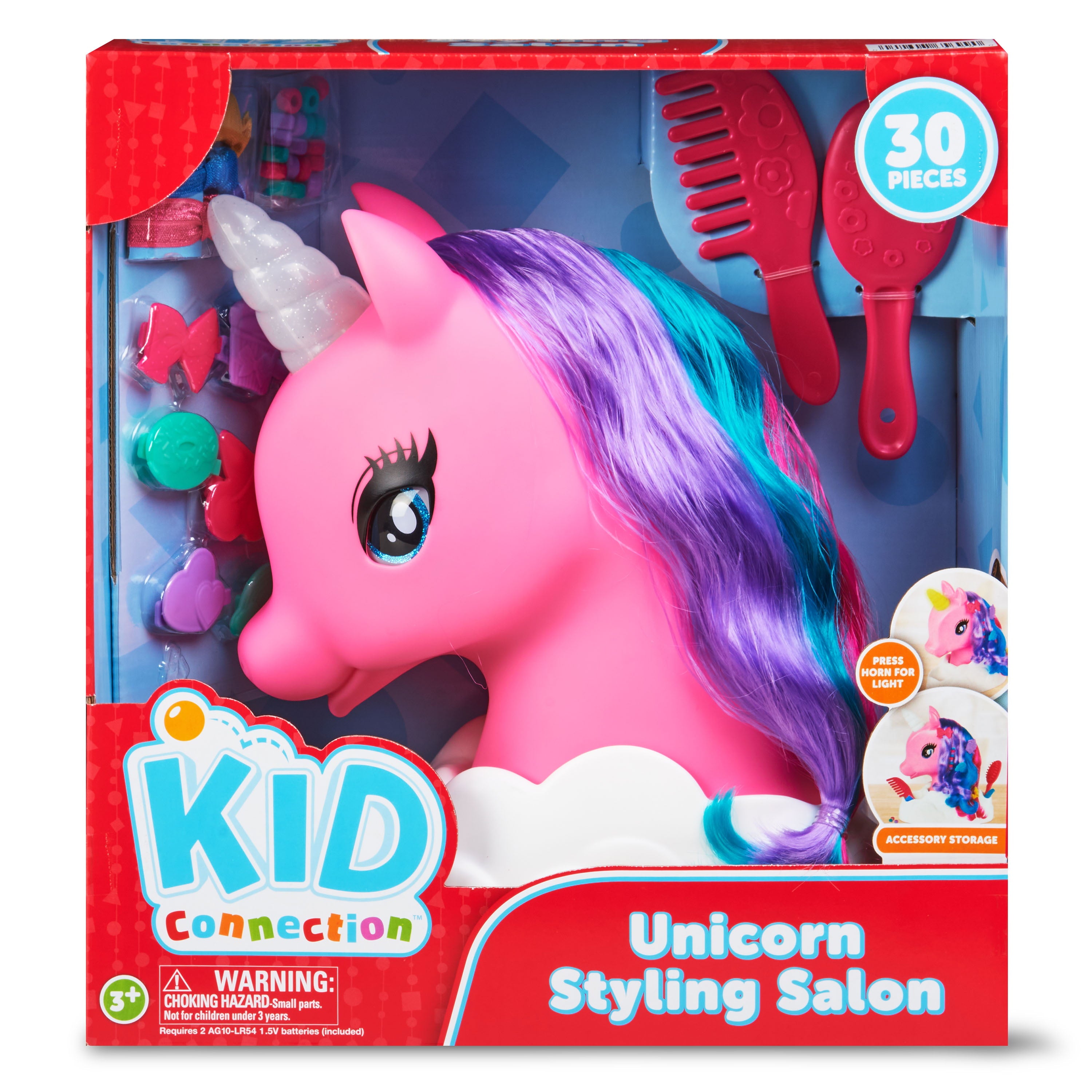 Kid Connection Unicorn Styling Head Toy Play Set, Blue Eyes, Multi-color Hair