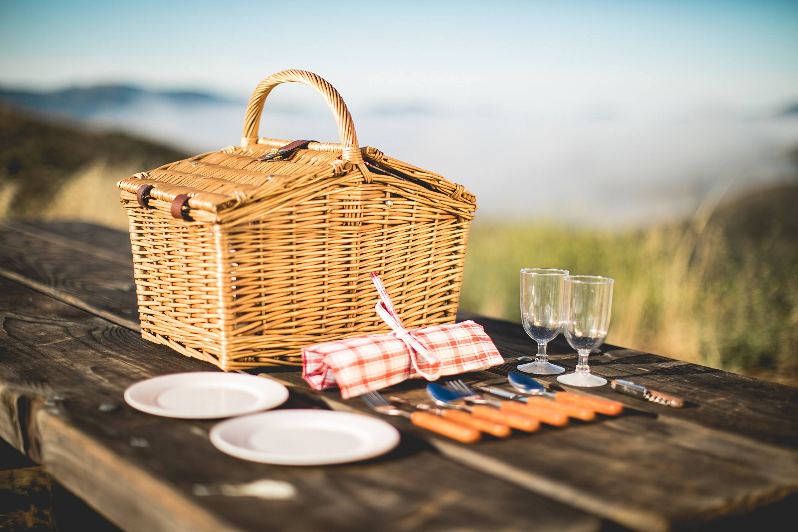 Picnic Time Piccadilly Willow Basket for Two People, Red/White Plaid