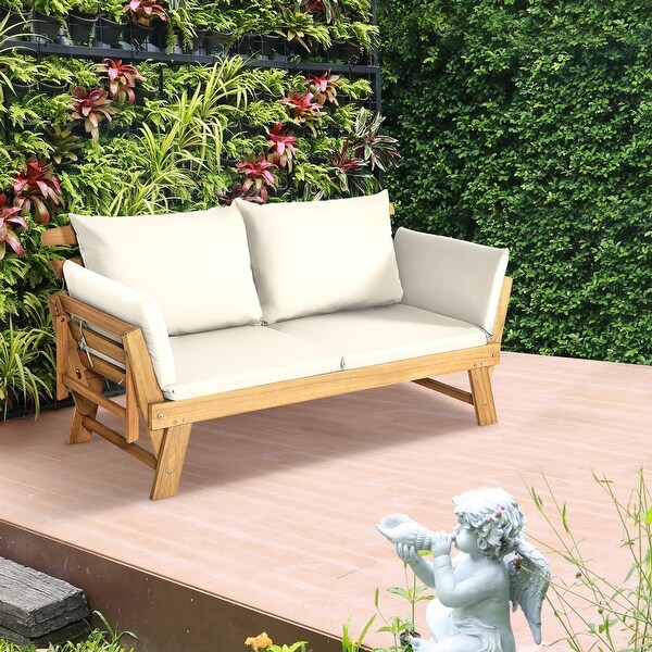 Gymax Adjustable Patio Sofa Daybed Acacia Wood Furniture w/ White