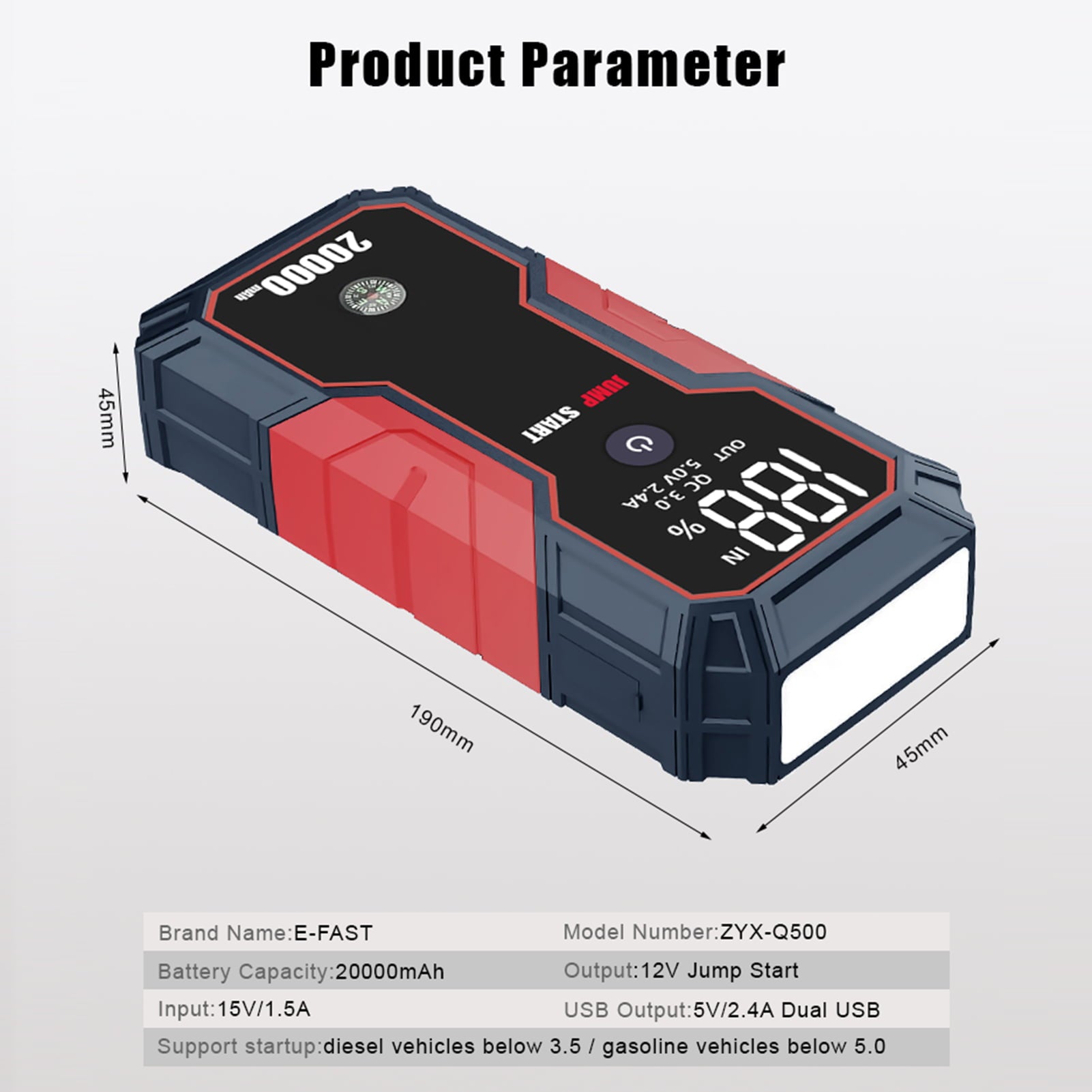 Portable Car Jump Starter 20000mAh 12V Car Battery Starter(up to 5.0L Gas, 3.5L Diesel Engines),USB Quick Charge, Fast Wireless and Flashlight