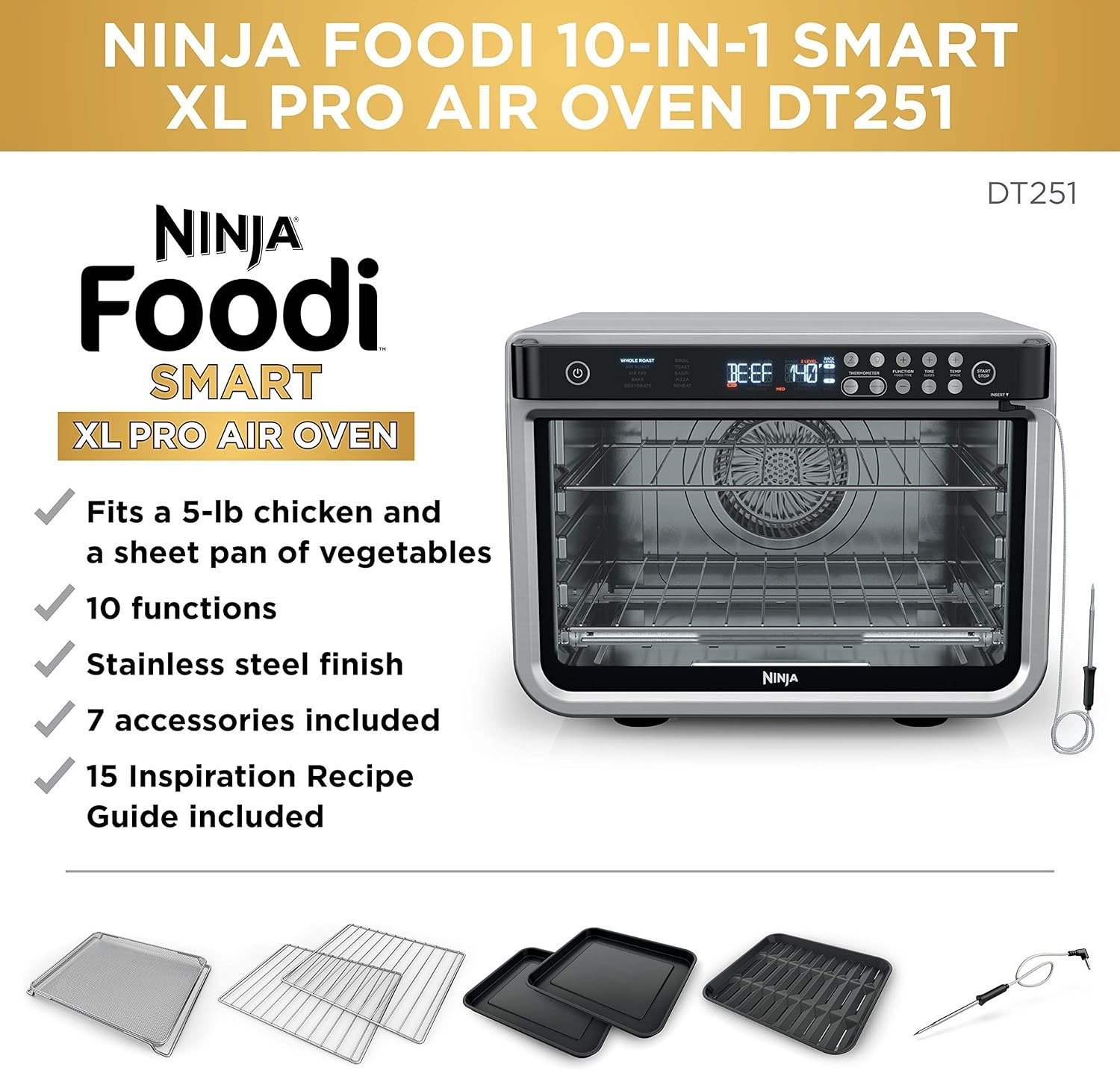 10-in-1 XL Air Fry Oven 1800W Surround Convection Smart Thermometer 450°F Silver