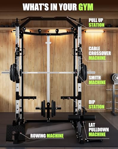 Smith Machine for Home Gym, 2200LBS Capacity Heavy Duty Power Cage with Cable Crossover System, All-in-One Home Gym System with Weight Storage & Multi-Functional Training Stations