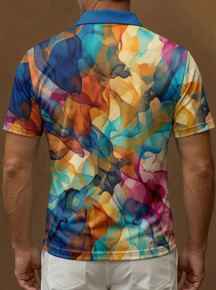 Watercolor Multicolor Abstract Print Short Sleeve Golf Polo Shirt