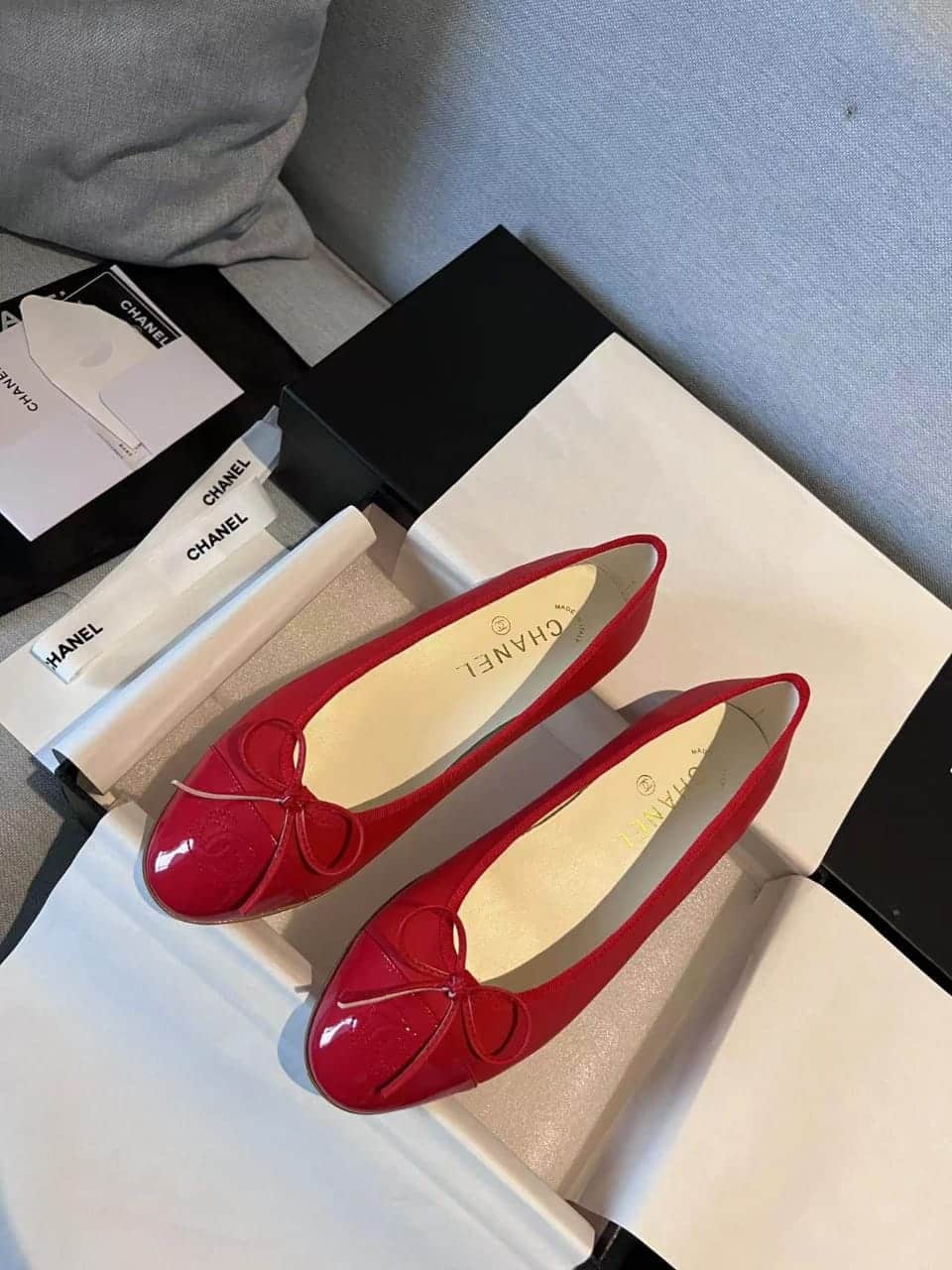 Chanel Cc Cap Toe Ballet Flats In Light Red Patent Leather