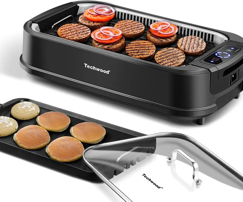 Techwood 1500W Smokeless Indoor Grill – Dual Removable Plates, Turbo Extractor, Tempered Glass Lid