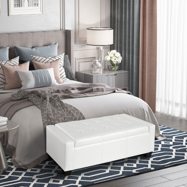 Faux Leather Rectangular Tufted Storage Ottoman For Living Room Entryway Or Bedroom White