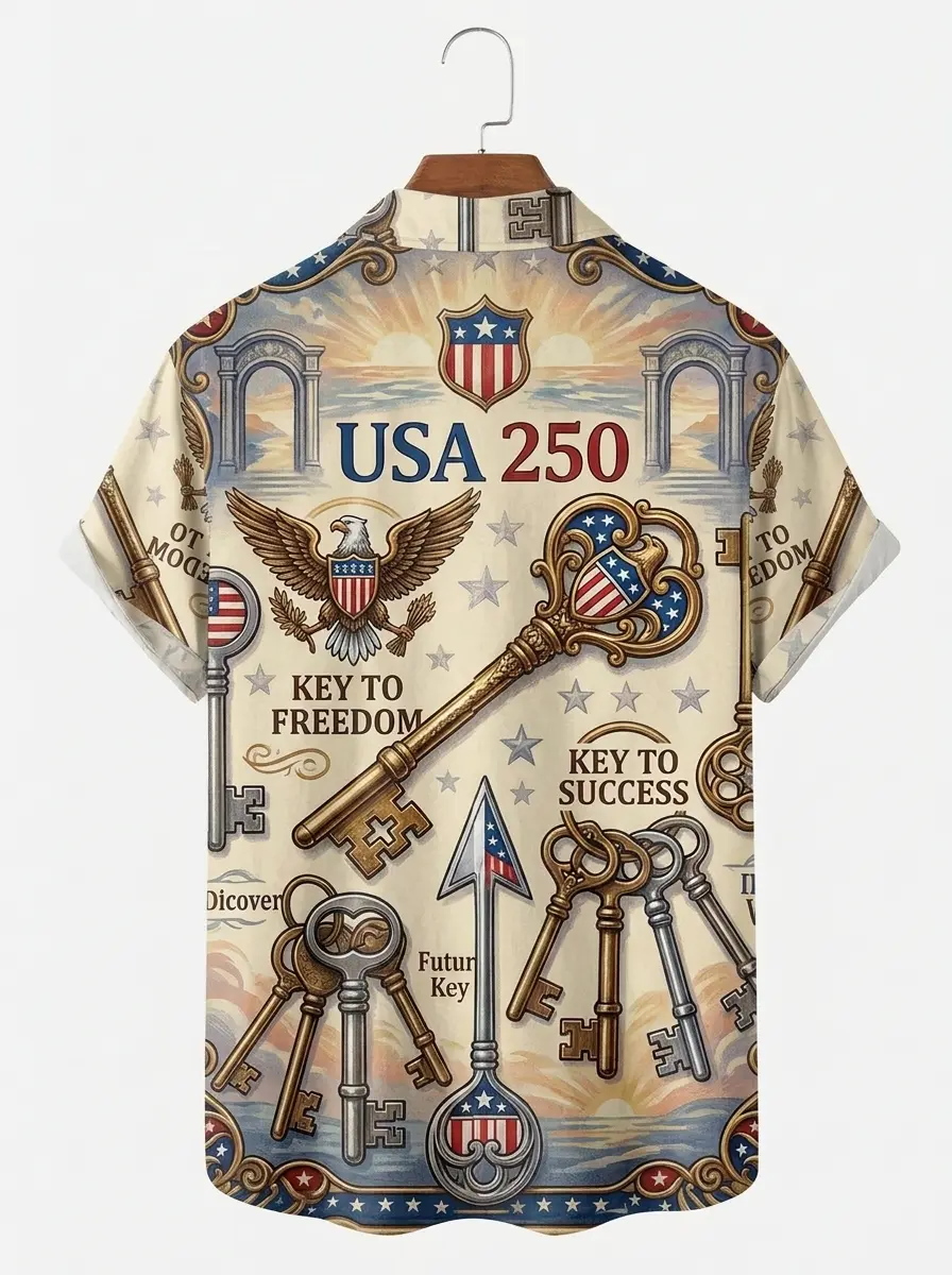Men's printed shirts, USA 250 Key to Freedom Eagle Aloha Shirt